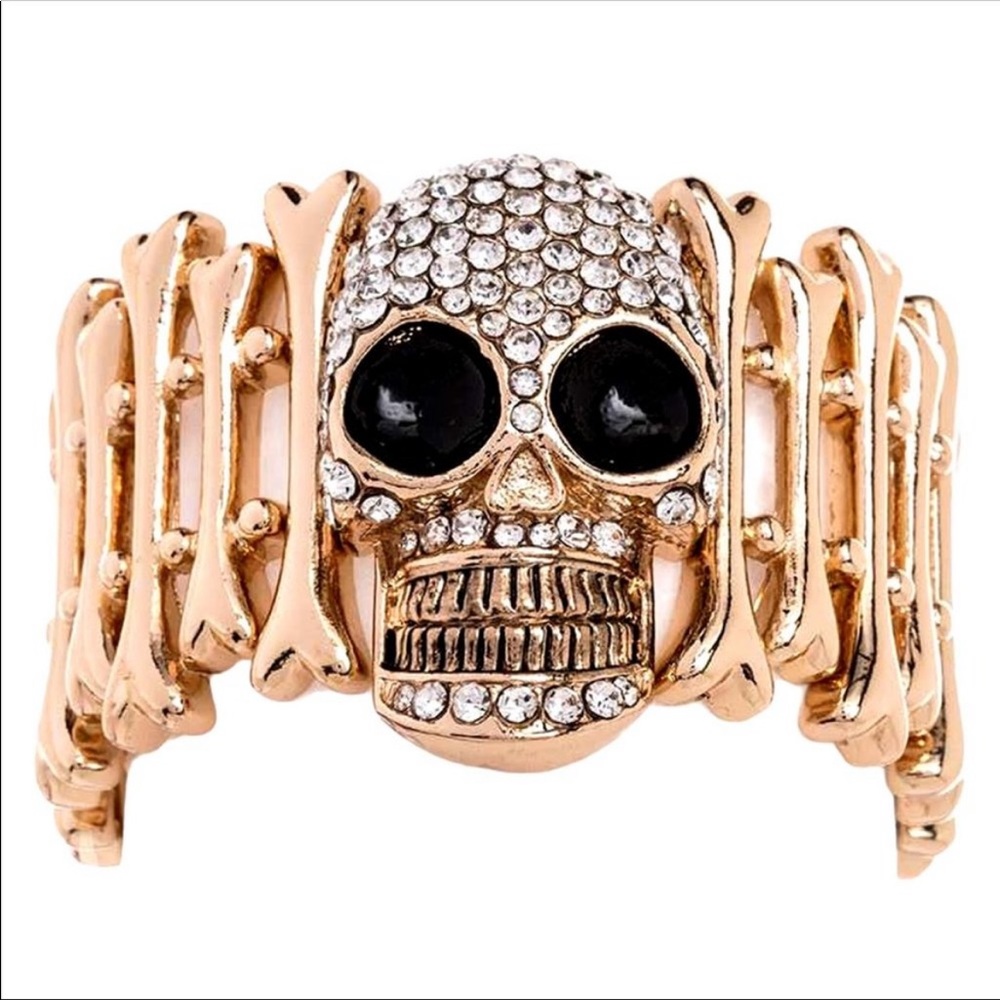 Gold Skull Rhinestone Pave Skull Stretch Bracelet Gothic Fun Holiday